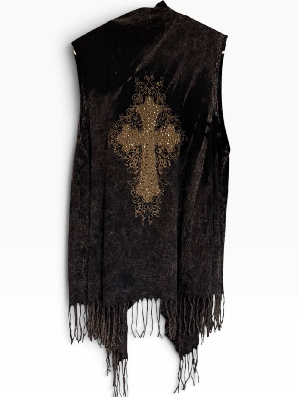 Vocal Open Front Sleeveless Vest Mineral Wash Rhinestone Cross Long Fringe 2X